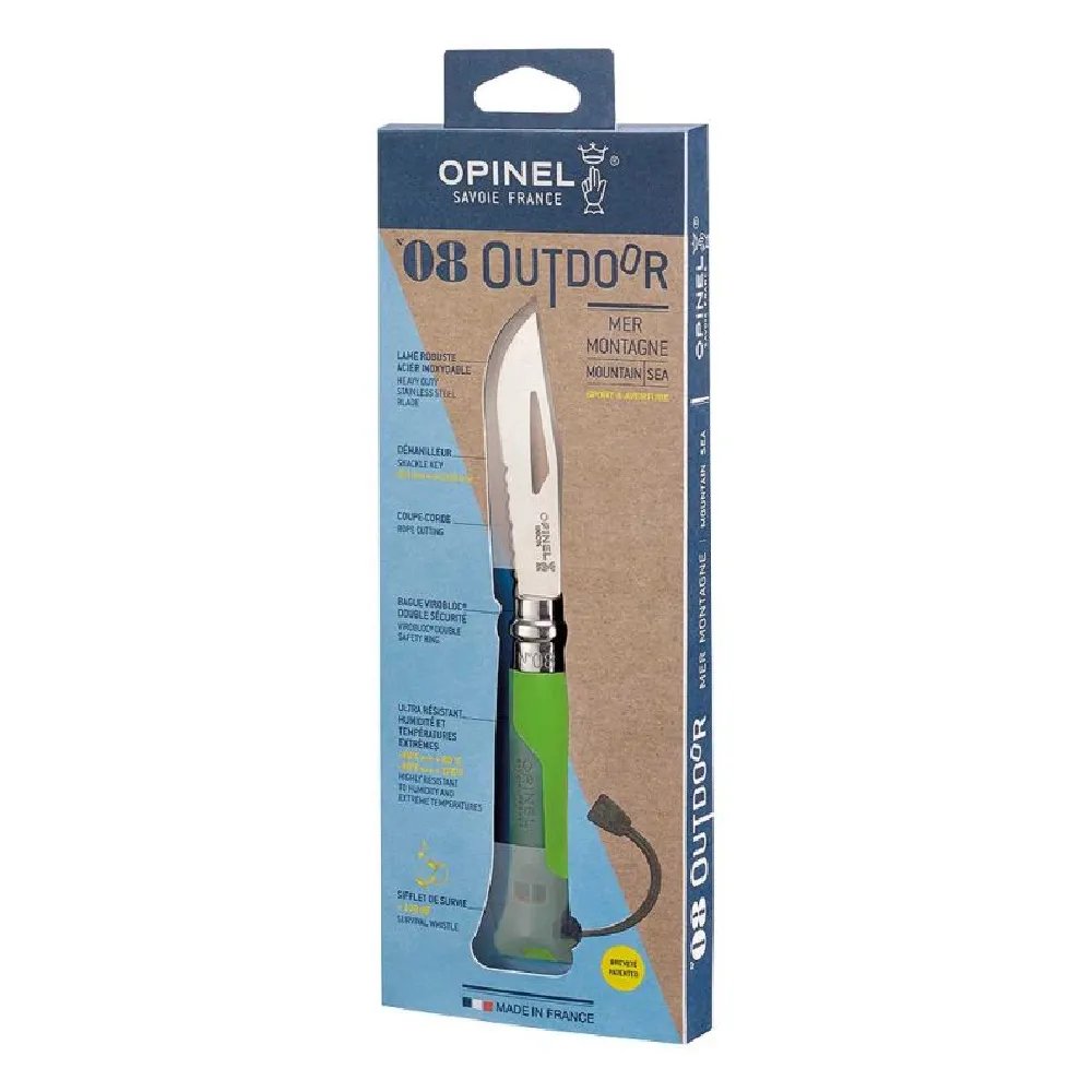 Opinel No 08 Outdoor Grün | Extrem robustes Allwettermesser mit Teilsägezahnung & Pfeife