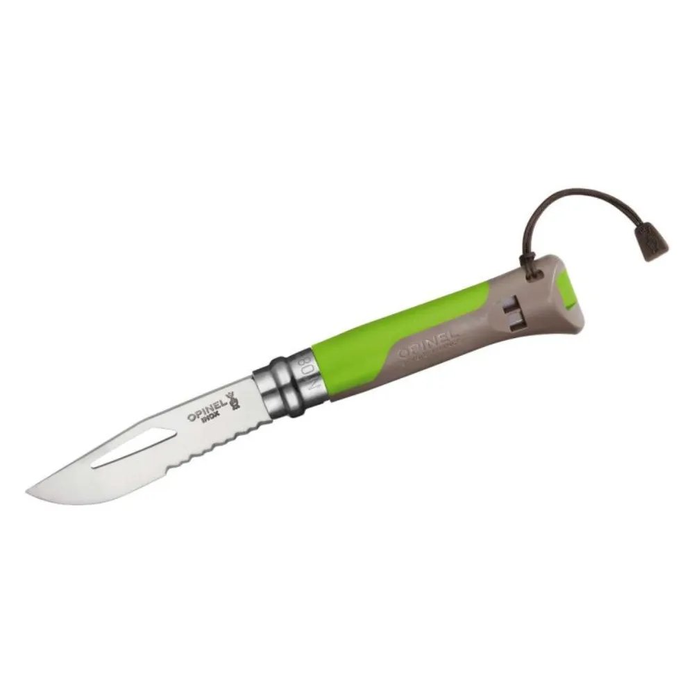 Opinel No 08 Outdoor Grün | Extrem robustes Allwettermesser mit Teilsägezahnung & Pfeife