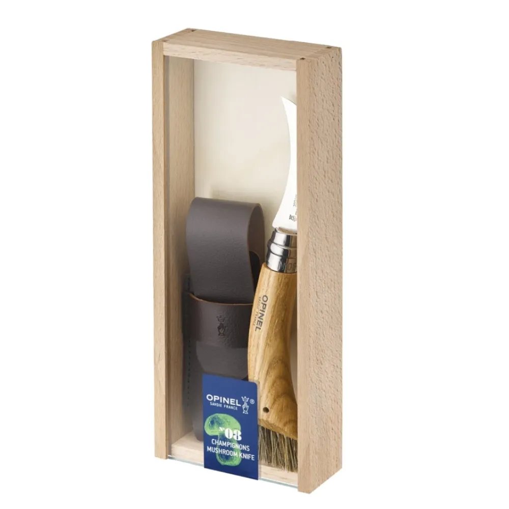 Opinel No 08 Pilzmesser Eiche | Edles Spezialmesser mit Wildschweinborsten-Bürste & Etui