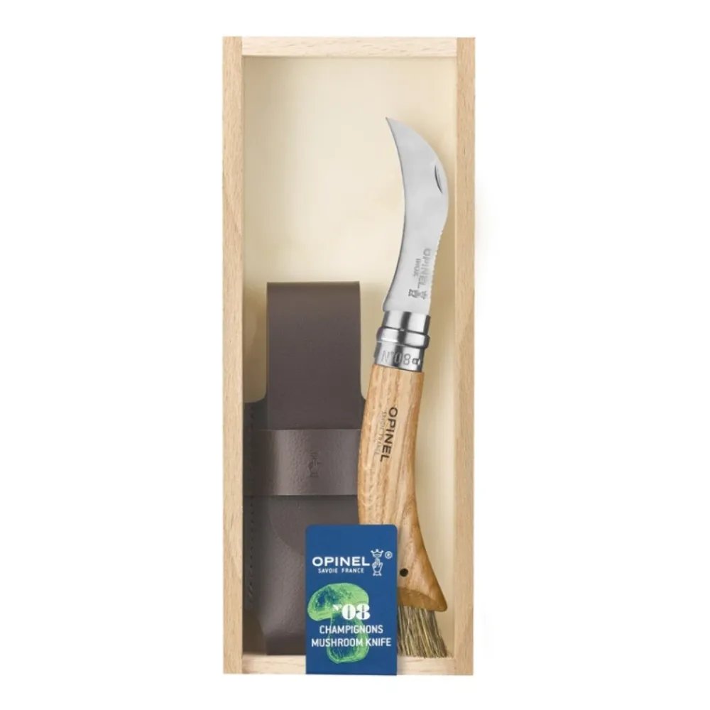 Opinel No 08 Pilzmesser Eiche | Edles Spezialmesser mit Wildschweinborsten-Bürste & Etui