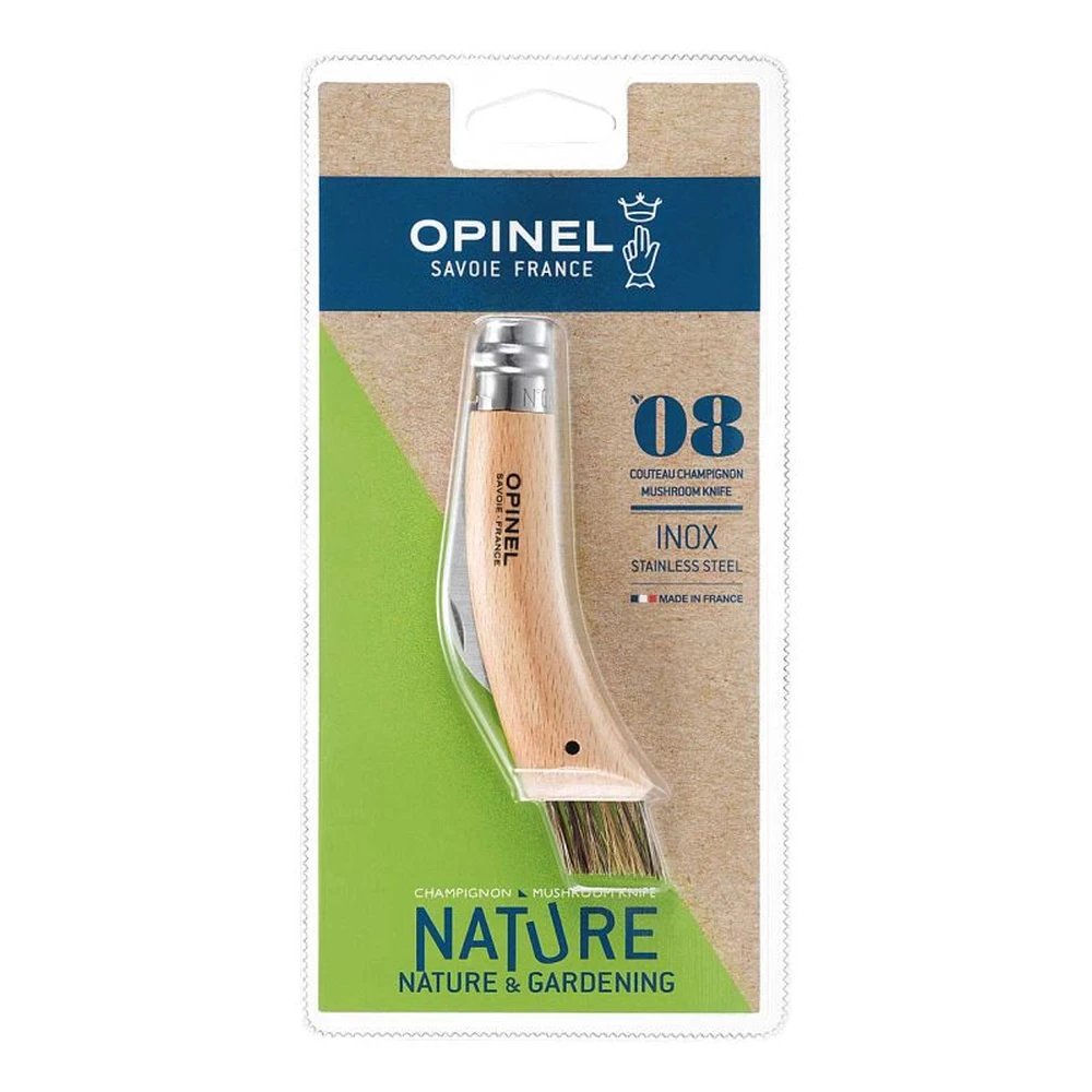 Opinel No 08 Pilzmesser Buche (im Blister) | Das legendäre Erntemesser mit Wildschweinborsten-Bürste