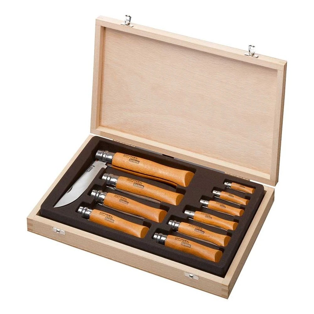 Opinel Display Sortiment Holzkasten | Das ultimative Carbonstahl Premium-Set - 10 Messer